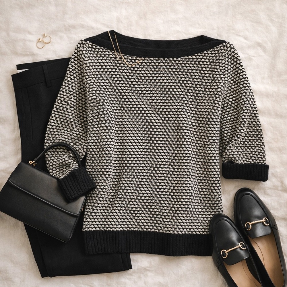 Karen Scott Black & Ivory Textured Boat Neck Sweater Knit Women's SZ Petite‎ Med